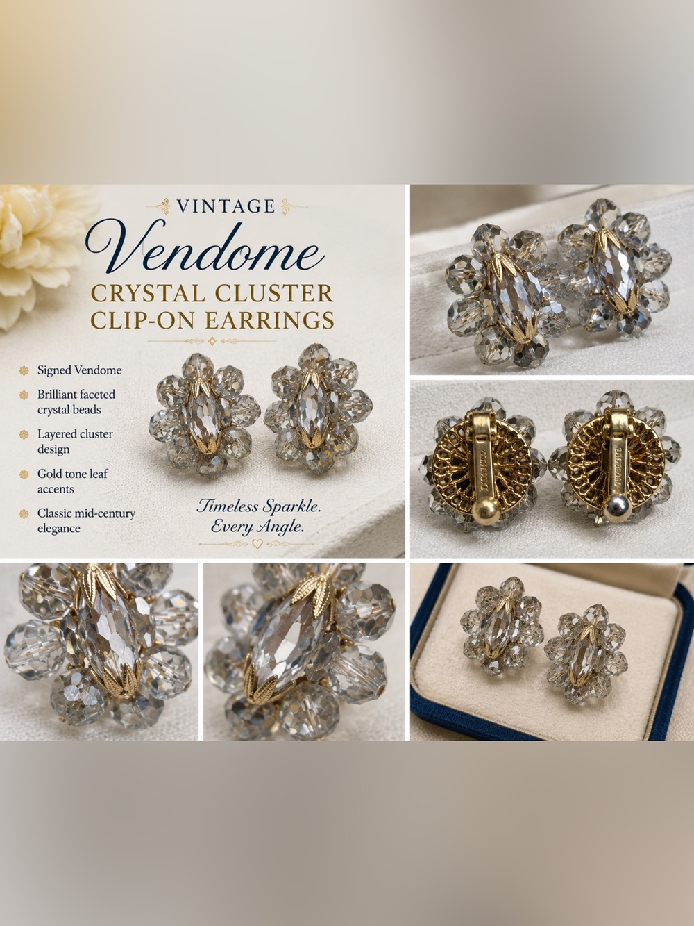 Vendome Vintage Gold-Tone and Champagne Crystal Cluster Clip-On Earrings